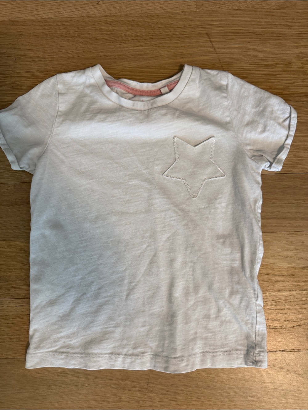 Mini Boden White Short Sleeve Tee with Pink Neck Trim and Star Pocket